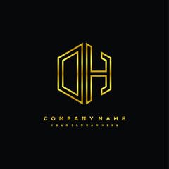 Initial letter DH, minimalist line art monogram hexagon logo, gold color
