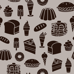 Sweet and tasty food dessert seamless pattern stencil illustration on a light grey background