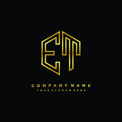 Initial letter ET, minimalist line art monogram hexagon logo, gold color