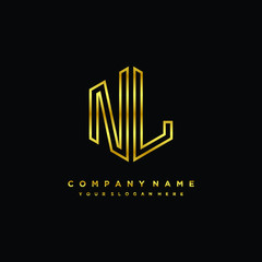 Initial letter NL , minimalist line art monogram hexagon logo, gold color