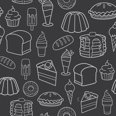 Sweet and tasty line art food dessert seamless pattern illustration on a grey background