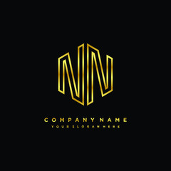 Initial letter NN , minimalist line art monogram hexagon logo, gold color