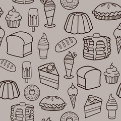 Sweet and tasty line art food dessert seamless pattern illustration on a light grey background