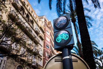 Traffic light for bicycles in a bike lane in a European city, Valencia, Spain.
