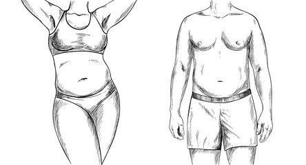 Overweight couple, man and woman torso, sketch