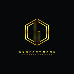 Initial letter OJ, minimalist line art monogram hexagon logo, gold color