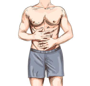 Muscular man suffering from the stomach ache