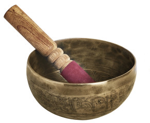 Tibetan singing bowl with stick isolated