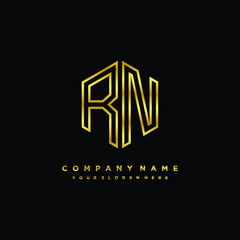 Initial letter RN, minimalist line art monogram hexagon logo, gold color