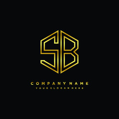 Initial letter SB, minimalist line art monogram hexagon logo, gold color