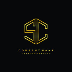 Initial letter SC, minimalist line art monogram hexagon logo, gold color