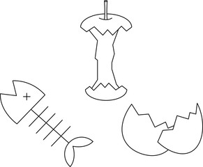 生ゴミ（魚の骨、リンゴの芯、卵の殻）の白黒アイコン