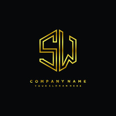 Initial letter SW, minimalist line art monogram hexagon logo, gold color
