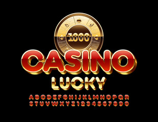 Vector premium Emblem Casino Lucky.  Chic Modern Font. Luxury Red and Golden Alphabet Letters and Numbers.