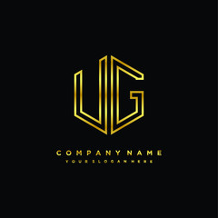 Initial letter UG, minimalist line art monogram hexagon logo, gold color