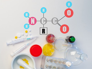 Amino Acid Formula. A chemist is developing drugs. Research on Amino Acids. Medicines on the table....