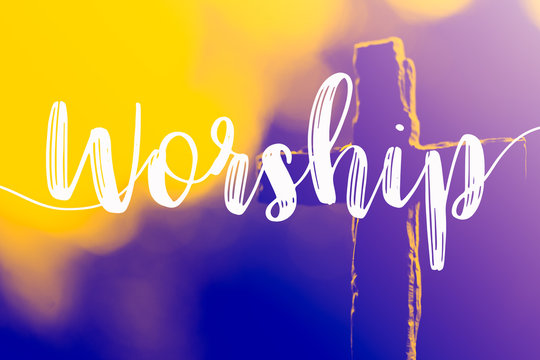 The word "Worship" and holy cross for good friday and easter day in church christian music concert or Sunday service.duo color tone.