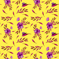 Pattern of pink leaves and decorative elements with butterflies and snails on a colored background