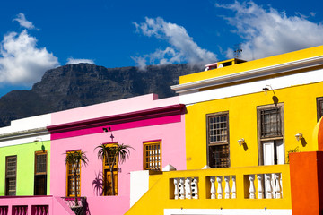 Colored houses in Bo Kapp, a district of Cape Town, South Africa known for it's houses painted in...