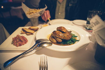 Close up of French food on the table in Fine Dining in San Francisco