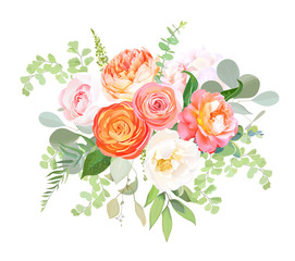 Orange ranunculus, pink rose, white hydrangea, juliet rose, garden flowers