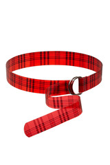 Subject shot of a red transparent belt with checkered design and decorated with a steel D-rings buckle. The stylish belt is isolated on the white background.