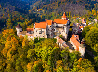 Pernstejn Castle above village of Nedvedice, Czech Republic