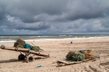 Fototapeta na wymiar nets and floats on the beach of Torreira, Aveiro, Portugal