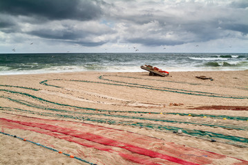 nets and floats on the beach of Torreira, Aveiro, Portugal