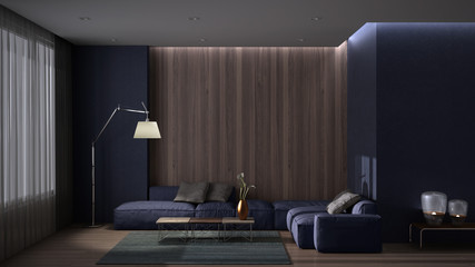 Luxury minimal living room with parquet floor, concrete wall and wooden panel, large sofa with pillows, carpet and coffee table, floor lamp, curtains. Purple colored interior design