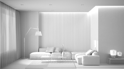 Total white project draft, luxury minimal living room with parquet floor, concrete wall, wooden panel, sofa, carpet and coffee table, lamp and curtains. Contemporary interior design
