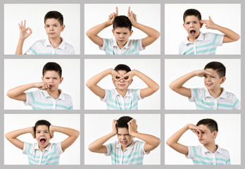collage of portraits of little boy with different happy, sad and angry emotions on white background