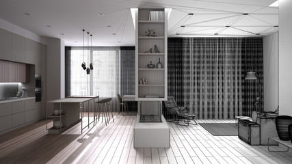Architect interior designer concept: unfinished project that becomes real, luxury minimal living room, kitchen with island, parquet, sofa, armchair, fireplace, windows with curtains