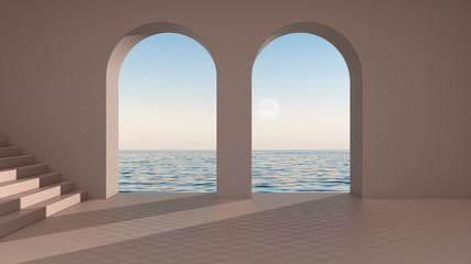 Imaginary fictional architecture, interior design of empty space with arched window and staircase, concrete rosy walls, terrace with sunrise sunset sea panorama, clear sky with moon