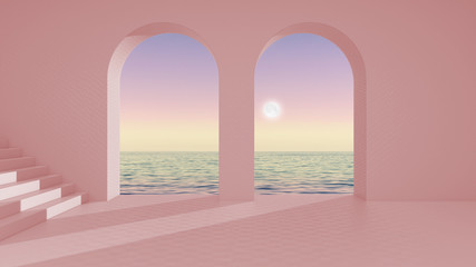 Imaginary fictional architecture, interior design of empty space with arched window and staircase, concrete pink walls, terrace with sunrise sunset sea panorama, clear sky with moon