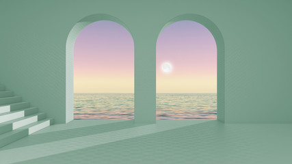 Imaginary fictional architecture, interior design of empty space with arched window and staircase, concrete teal walls, terrace with sunrise sunset sea panorama, clear sky with moon