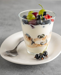 Tiramisu with berries in glasses on grey background. Italian dessert. Copy space.