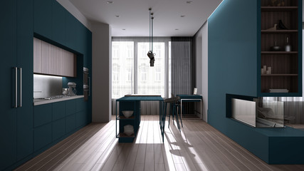 Fototapeta premium Luxury minimal living room in white and blue tones, kitchen with island and stools, decors, pendant lamps, parquet, fireplace, windows with curtains. Contemporary interior design