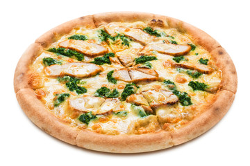 Delicious pizza with chicken fillet, spinach, garlic sauce and mozzarella,  isolated on white...