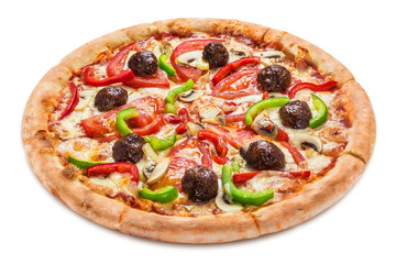 Delicious pizza with meatballs,  mushrooms, tomatoes, peppers and mozzarella, isolated on white background