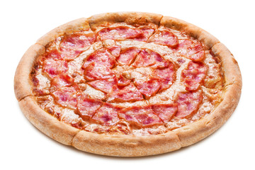 Delicious pizza with bacon, mozzarella and tomato sauce, isolated on white background