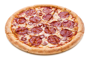 Delicious pizza with salami, sausages, mozzarella and tomato sauce, isolated on white background