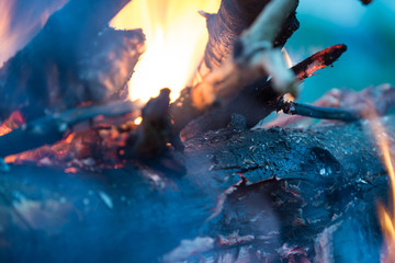 Burning bonfire close-up. Abstract background. Concept of nature and danger