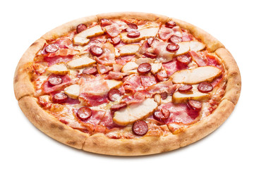 Delicious pizza with chicken fillet, ham, bacon, sausages, tomato sauce and mozzarella, isolated on white background