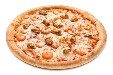 Delicious pizza with seafood (shrimps and oysters), isolated on white background