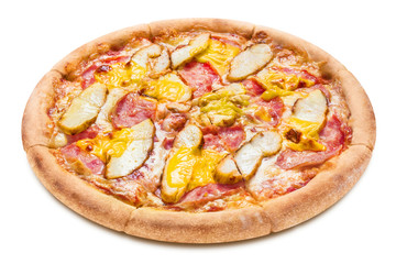 Delicious pizza with chicken fillet, ham, cheddar cheese and mozzarella, isolated on white background