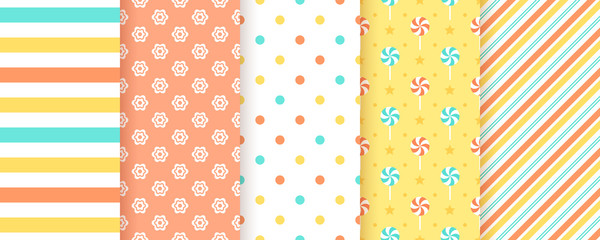 Scrapbook pattern. Seamless background. Vector. Cute print. Set textures with polka dots, stripe, flower and candy. Packing paper. Modern pastel illustration. Abstract geometric color backdrop.