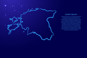 Estonia map from the contour classic blue color brush lines different thickness and glowing stars on dark background. Vector illustration.