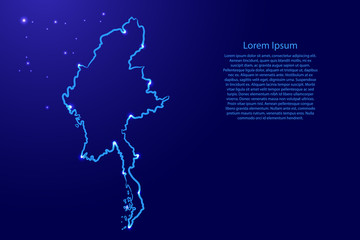 Myanmar map from the contour classic blue color brush lines different thickness and glowing stars on dark background. Vector illustration.