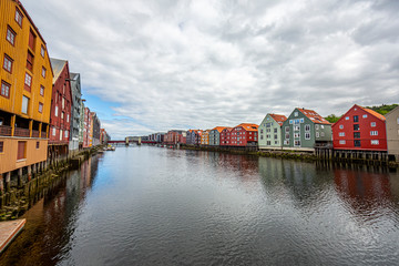 View on colorful pole houses in the Norwegian city of Bergen in summer